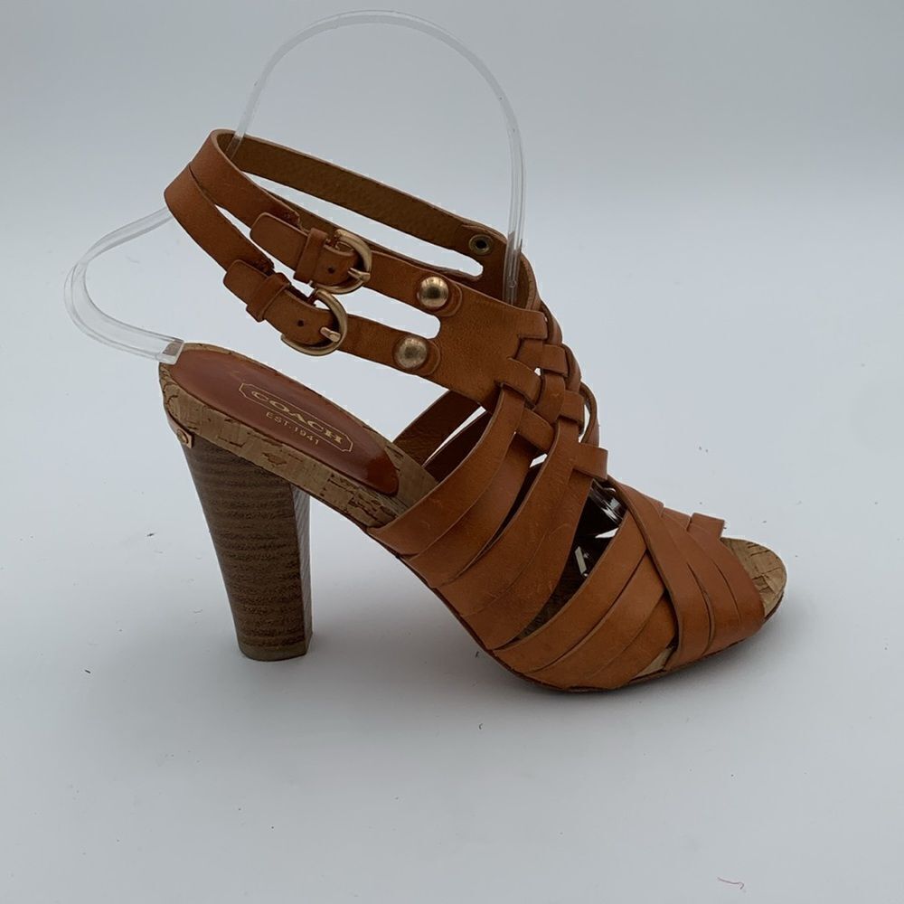 Coach brown leather basket weave heels stacked wooden heels women’s 5.5 B - Picture 2 of 12